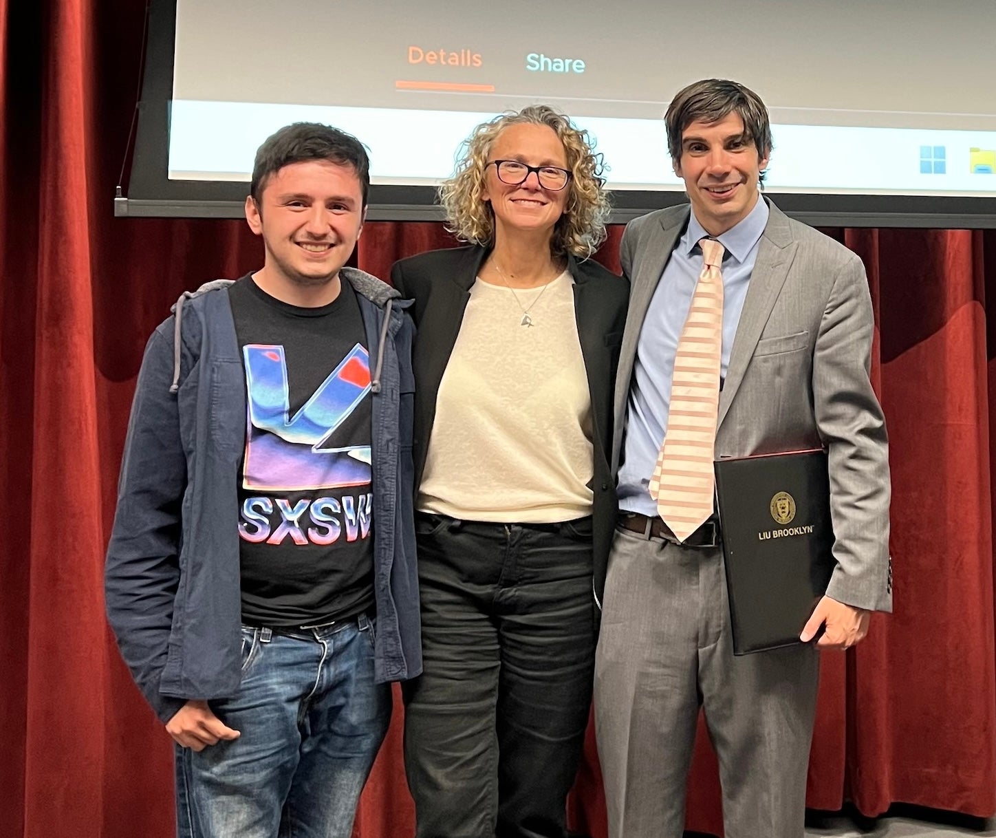 Prof. Negroni (right) alongside Ms. Solomonoff (center) and vice president of the Rice Cinema Club, Steven Burgess.