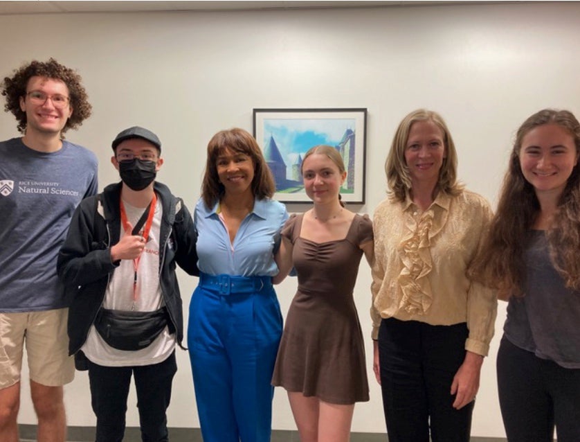 ABC 13 anchor Gina Gaston with Professor Julie Fette & students